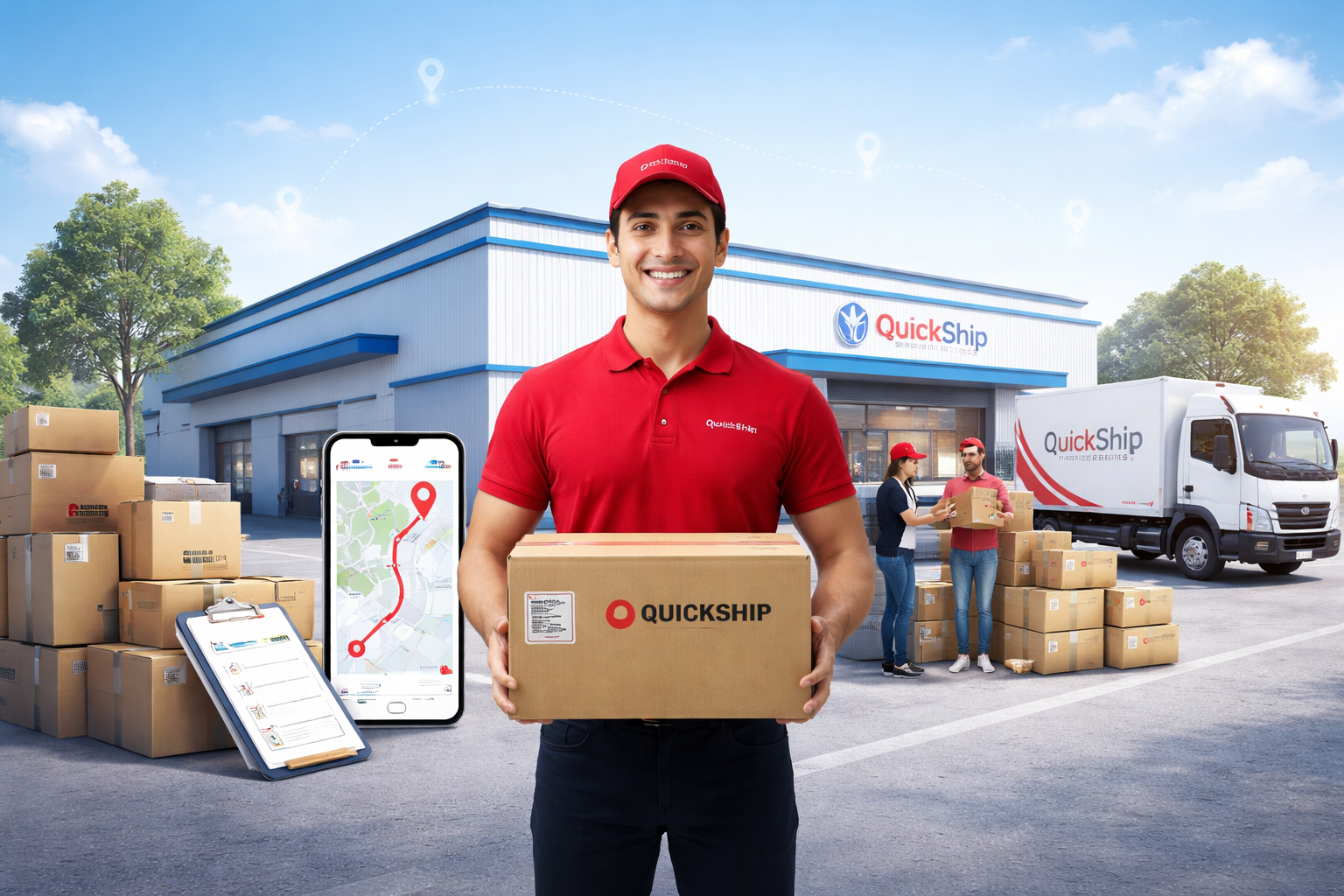 Quickship e-commerce shipping service with delivery staff, warehouse, and truck.